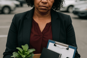 AI image of a sad looking middle aged black woman in a parking lot with a box of her personal goods leaving her job