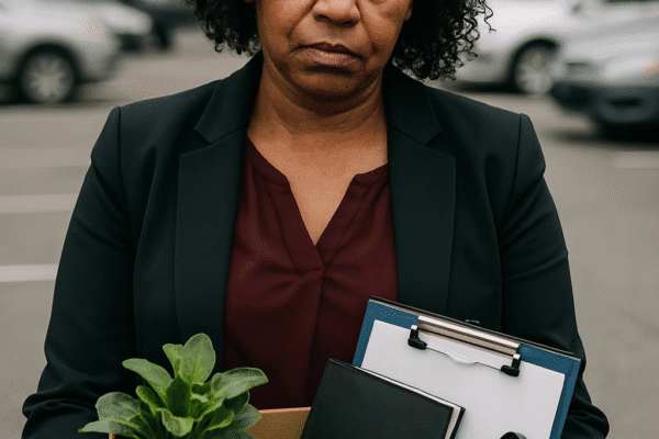 The Reality Of Losing Your Job Later In Life AI image of a sad looking middle aged black woman in a parking lot with a box of her personal goods leaving her job