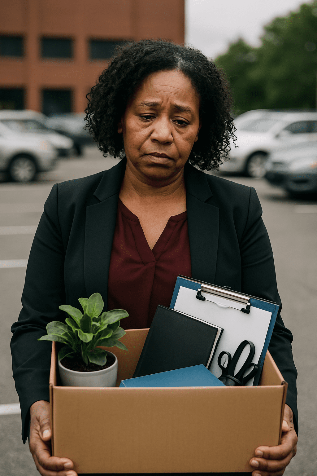 AI image of a sad looking middle aged black woman in a parking lot with a box of her personal goods leaving her job