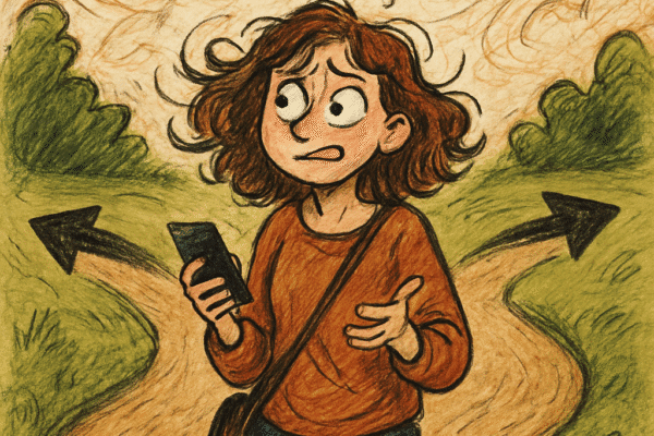 The Truth About The Horror Of Making Bad Choices An AI Image of a woman with question marks above her head walking down a road deciding which direction to take using her phone to guide her