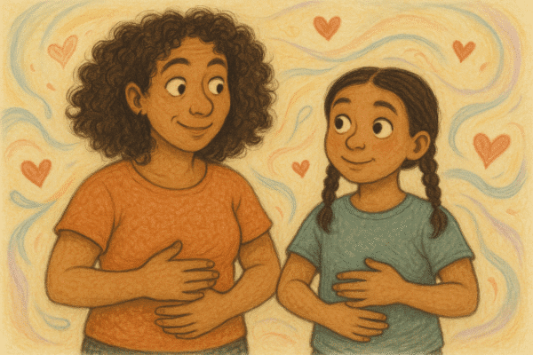 A black mother and daughter looking at each other both holding their tummies