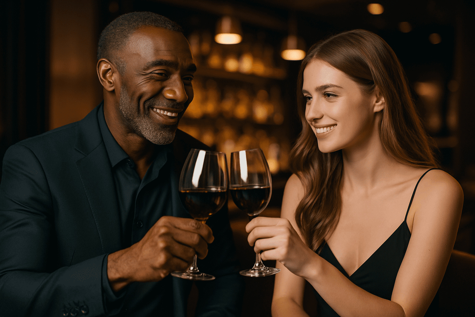 AI Image of mid aged Black man and a Younger White Woman toasting a glass of red wine