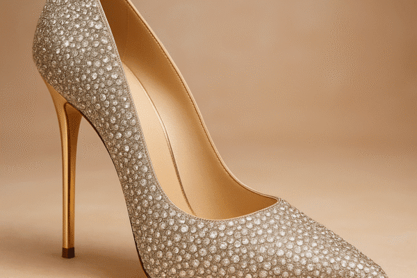 AI Image of a beautiful silvery sparkling high heeled shoe
