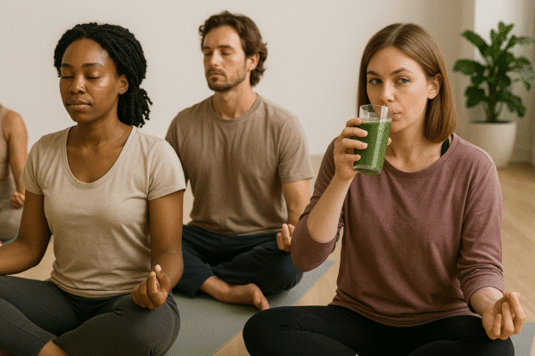 An AI Image of Three people meditating on yoga mats, with a woman in the foreground sipping green juice and looking away during class.