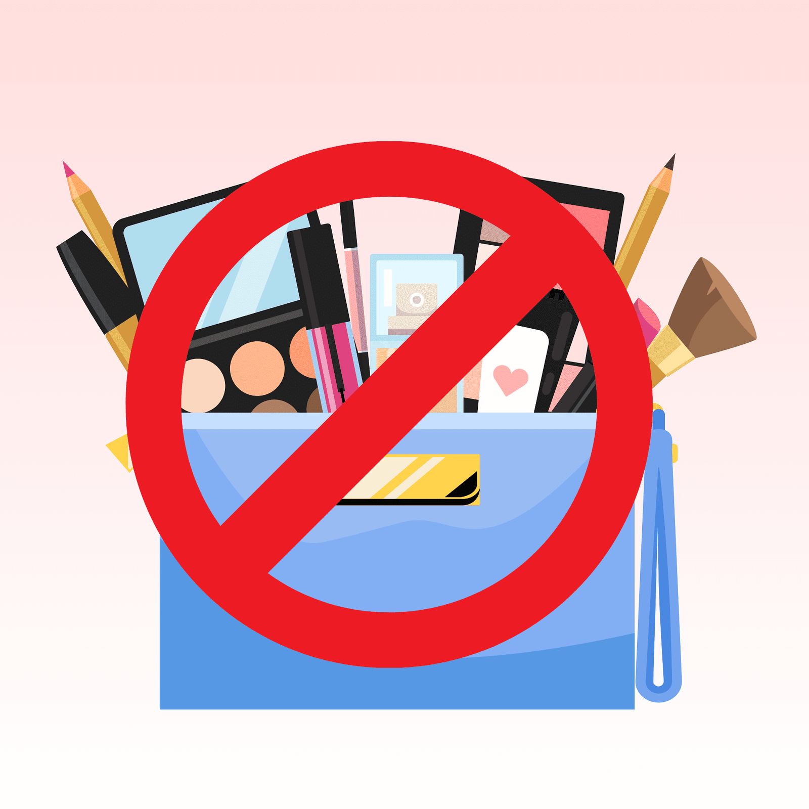 An Illustration of a blue bag filled with cosmetics and a large red circle with a diagonal strike through over it.
