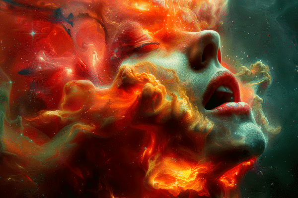 An etherical image of a woman's eyes nose and lips with the rest of her face being a red fiery cloud