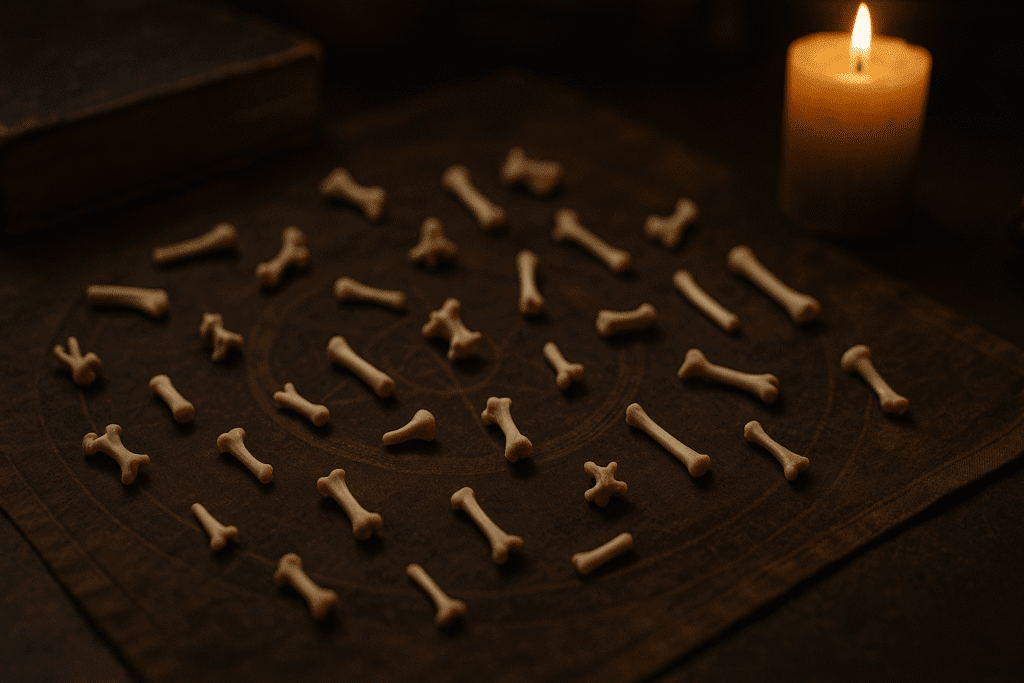 Ai Image of an Osteomancy Ritual layout of small bones on fabric, part of a divination ceremony.