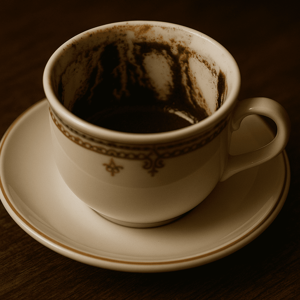 AI Image a traditional Greek coffee cup with thick grinds stuck to the side A Close-up of a finished cup of Greek coffee, ready for reading.