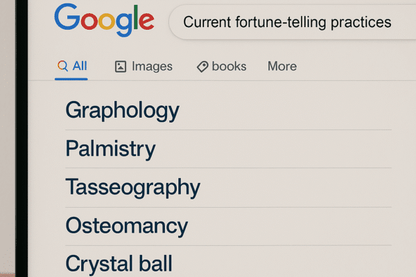 Grandma’s Fortune Teller Was Onto Something AI image of a computer screen, with a search engine search requesting "Current fortune-telling practices" Then the results coming up with Graphology, Palmistry, Tasseography, Osteomancy, crystal ball