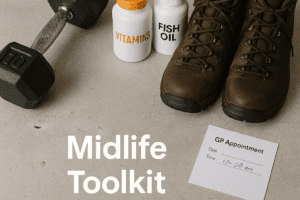 AI Image of a midlife toolkit: dumbbells, supplements, walking boots, a GP appointment slip