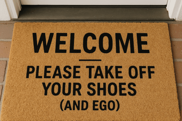 The Truth About Multicultural Communication Ai Image of A front door mat that reads “Welcome – Please Take Off Your Shoes (And Ego)”