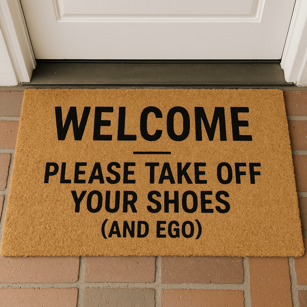 Ai Image of A front door mat that reads “Welcome – Please Take Off Your Shoes (And Ego)”