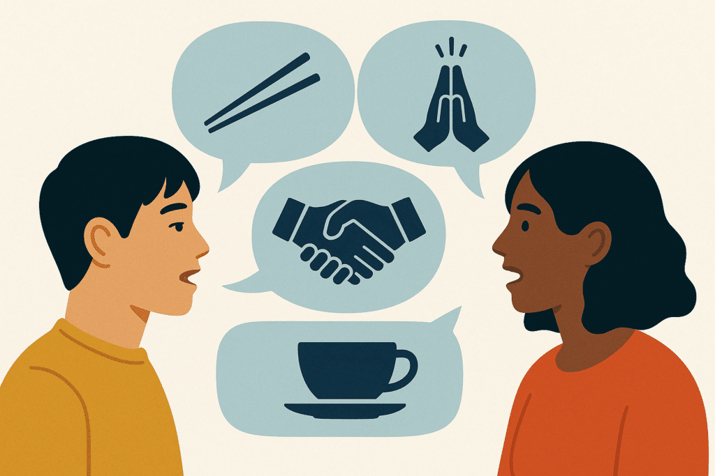 AI Image of Two people trying to talk with different speech bubbles showing cultural icons (chopsticks, teacup, handshake, prayer hands) depicting multicultural communication
