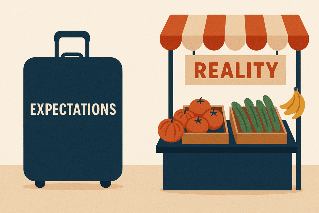 Ai Image of A suitcase labelled “Expectations” next to a local market stall labelled “Reality”