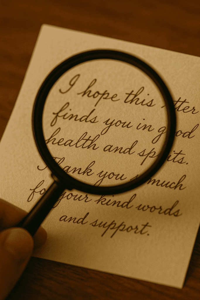 AI image of a piece of paper which has a handwriting on it, being magnified with a magnifying glass
