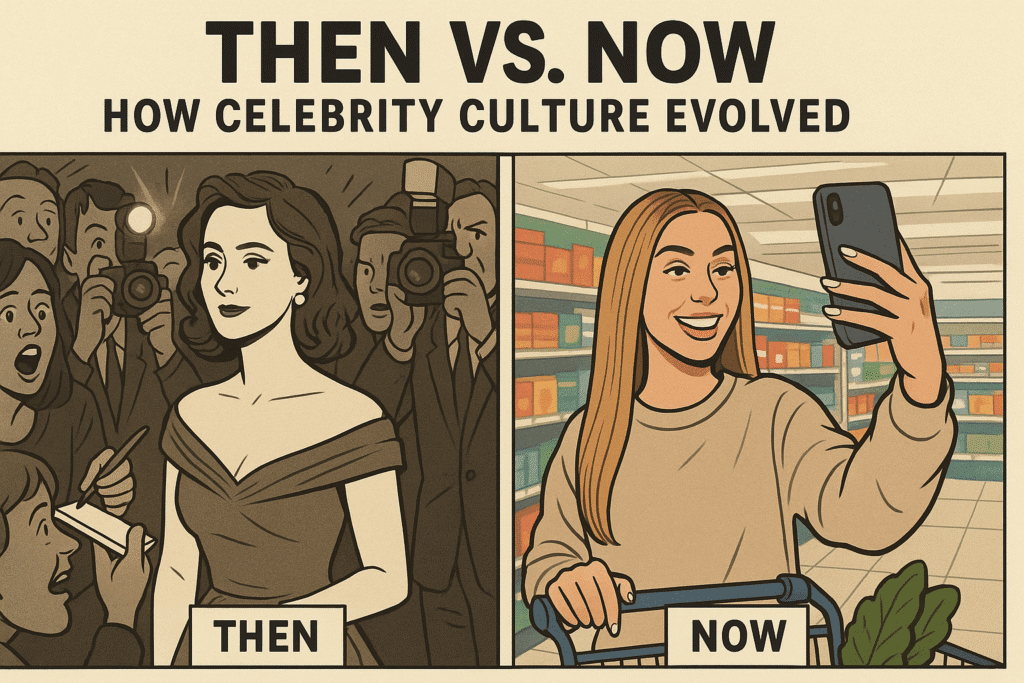 AI Image of A split image showing a female celebrity in a crowd vs. a modern influencer taking a selfie in Tesco – "Then vs. Now: How celebrity culture evolved"