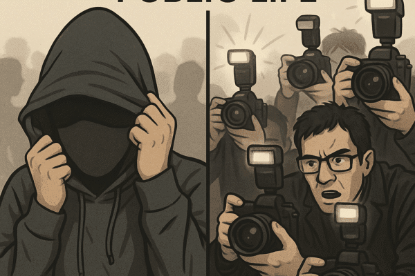 The Cult of Celebrity Worship AI Image of A celebrity shielding their face with a hoodie vs. paparazzi swarming – "The price of public life"