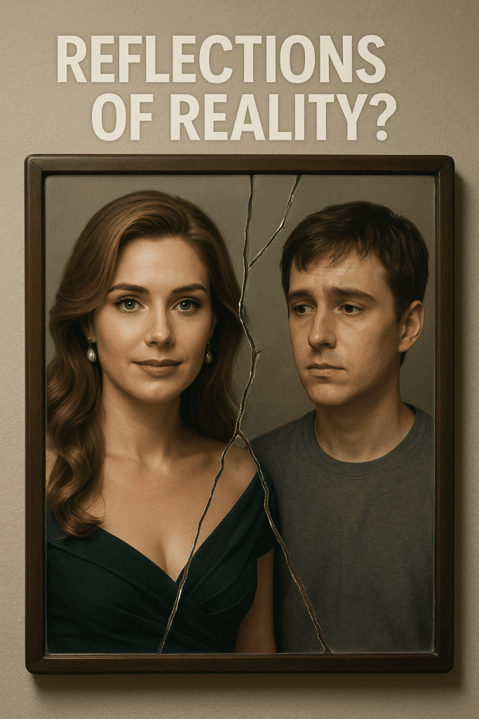 Ai Image of A mirror cracked down the middle with a celebrity image on one side and a regular person on the other – "Reflections of reality?"