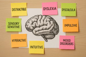 AI Image of A hand-drawn brain surrounded by colourful post-it notes with different neurodivergent traits