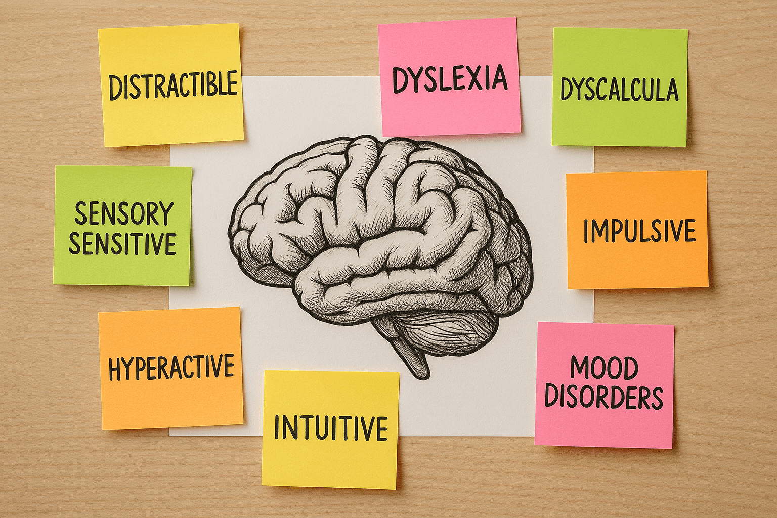 AI Image of A hand-drawn brain surrounded by colourful post-it notes with different neurodivergent traits