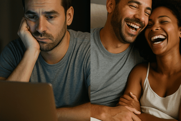 An AI Image of a split screen image. On the left is a man looking bored at his laptop on the right a man and woman in bed enjoying a happy moment
