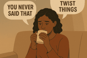 A woman clearly distressed with speech bubbles around her saying You're overthinking it, You always twist things, You never said that