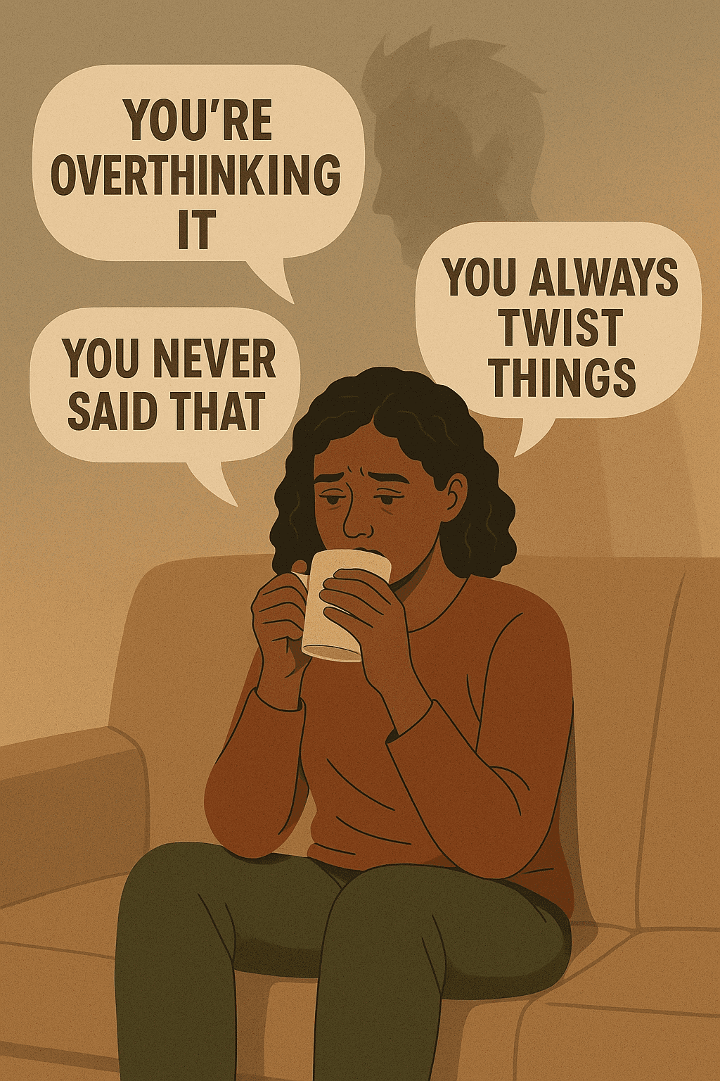 A woman clearly distressed with speech bubbles around her saying You're overthinking it, You always twist things, You never said that