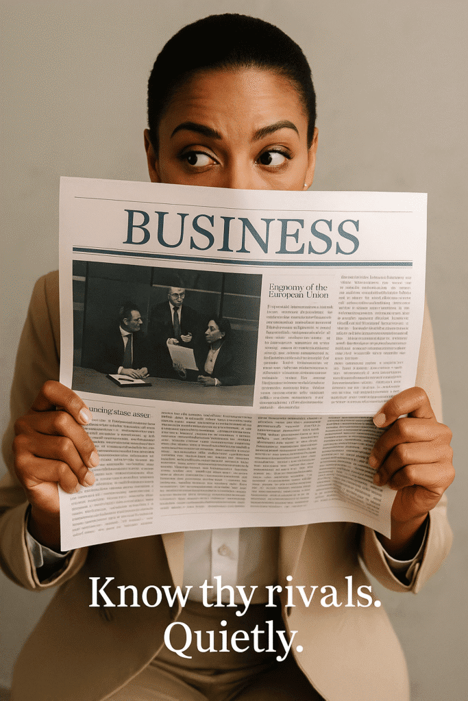 AI Image A curious businesswoman peeking over her newspaper—caption: “Know thy rivals. Quietly.”