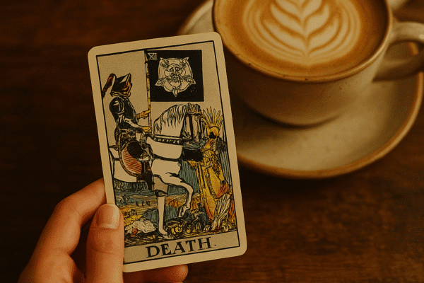 AI Image a hand holding The Death card next to a latte—caption: “Relax. It usually just means transformation.”)