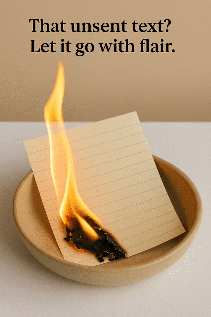 AI Image a burning piece of paper in a safe dish—caption: “That unsent text? Let it go with flair.”