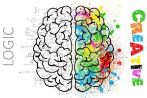 A split image of a brain on the left shows an illustration of logic and on the right colouful creative