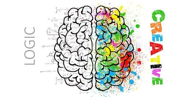 A split image of a brain on the left shows an illustration of logic and on the right colouful creative