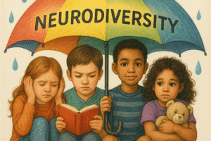 AI Image A large, vibrant umbrella covers a diverse group of children. Each child is styled uniquely—one might be reading intensely, another holding their ears, another wearing mismatched socks, another clutching a toy tightly. The umbrella is labelled “Neurodiversity” and each raindrop falling outside it is marked with terms like “Misunderstood,” “Dismissed,” “Overlooked.”
