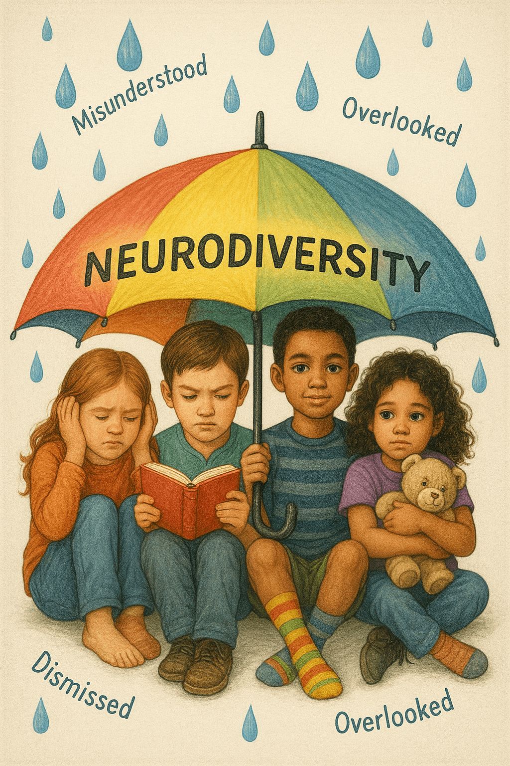 AI Image A large, vibrant umbrella covers a diverse group of children. Each child is styled uniquely—one might be reading intensely, another holding their ears, another wearing mismatched socks, another clutching a toy tightly. The umbrella is labelled “Neurodiversity” and each raindrop falling outside it is marked with terms like “Misunderstood,” “Dismissed,” “Overlooked.”