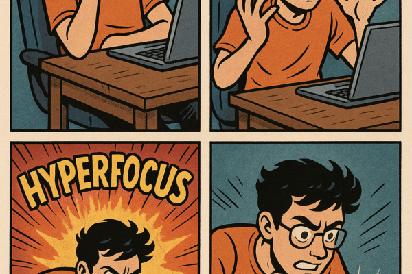 Hyperfocus: The Gift You Keep Calling a Problem AI image A comic-style illustration showing procrastination building to panic, then a hyperfocus explosion