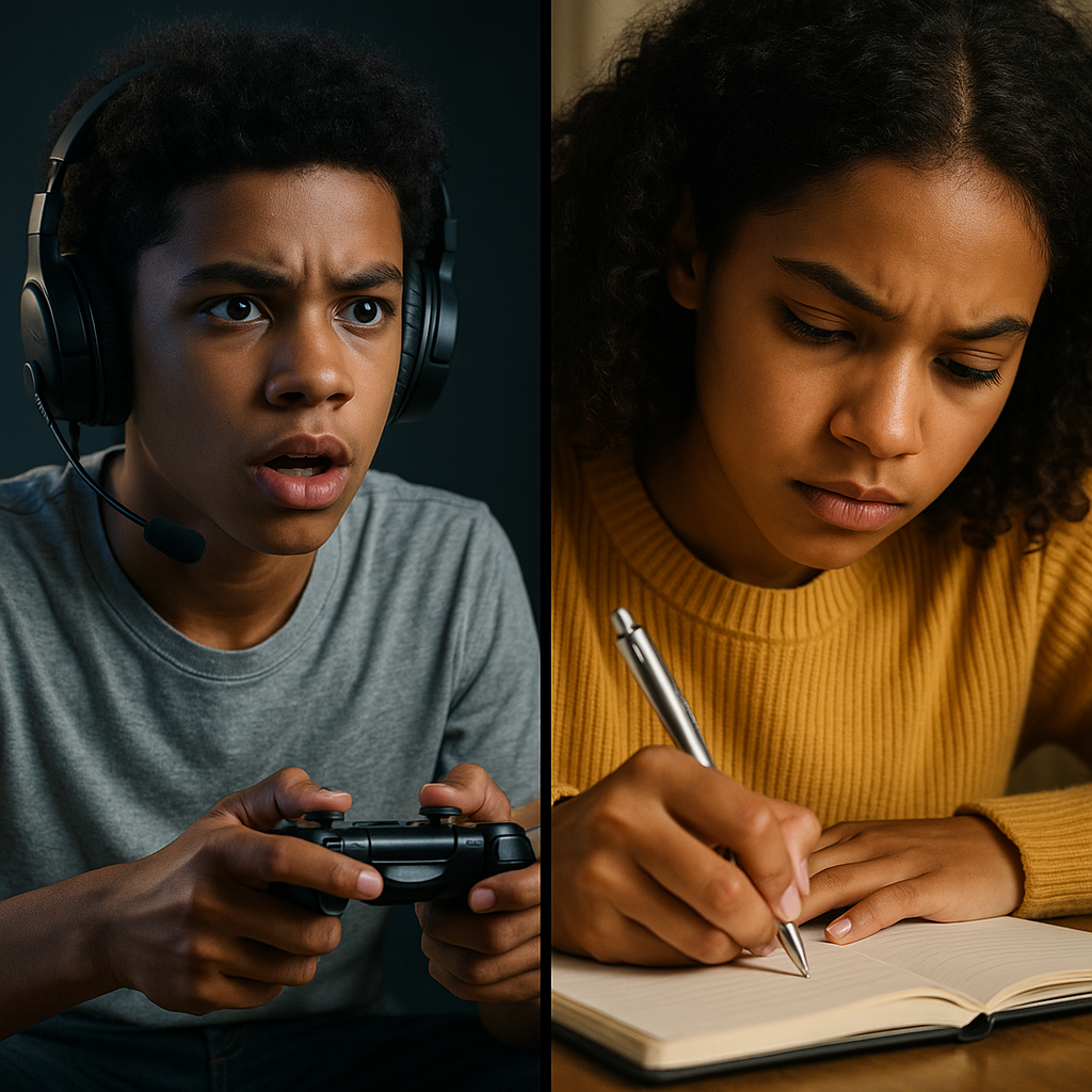 An AI Image of a Split-panel image of a bi racial boy gaming and a bi racial girl writing intensely in her journal