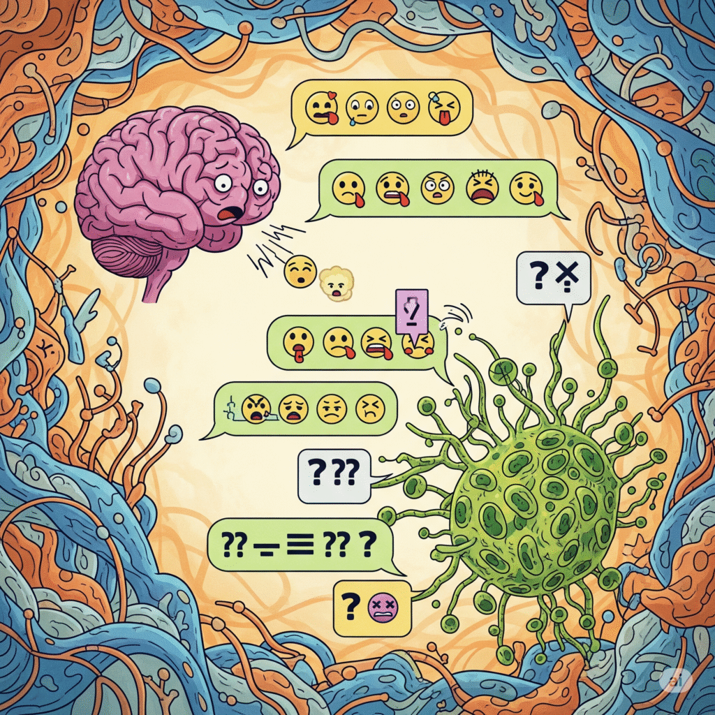 Illustration of the brain and immune system exchanging confused signals, like they're texting but not understanding each other.