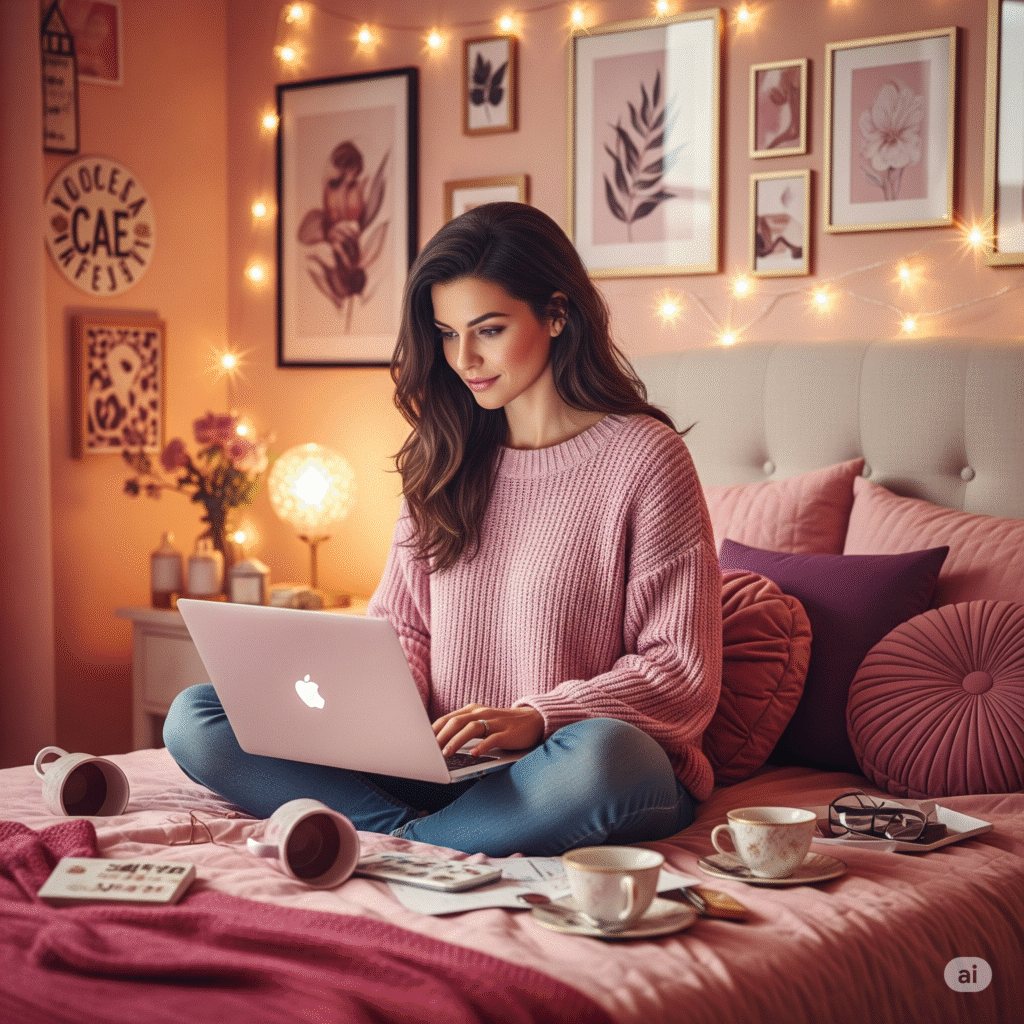 AI Image of a woman in her 30s sits cross-legged in front of a laptop, totally immersed, surrounded by empty mugs in her very girlieand bling bedroom as she is sitting on her bed