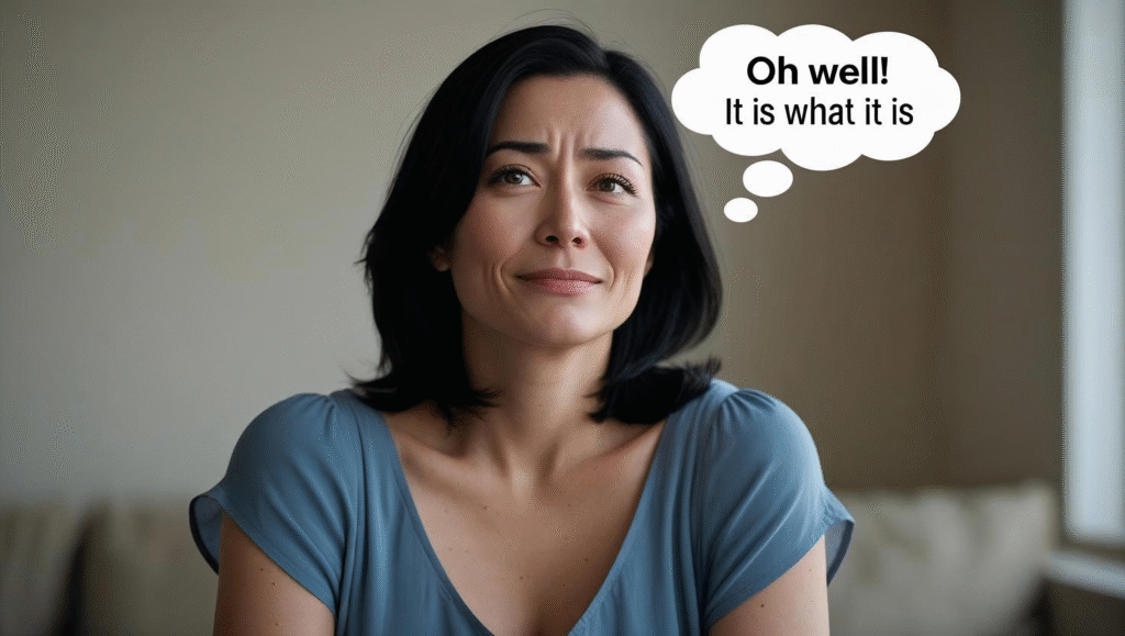 A middle aged woman with a thought bubble that says Oh Well! It is what it is