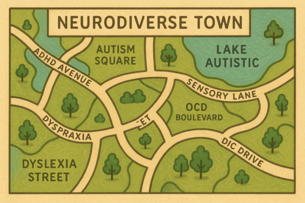 What Even Is Neurodiversity? (Brilliant Brain?) An AI Image of A map of a "Neurodiverse Town" showing roads labelled ADHD Avenue, Autism Square, Sensory Lane, and so on.