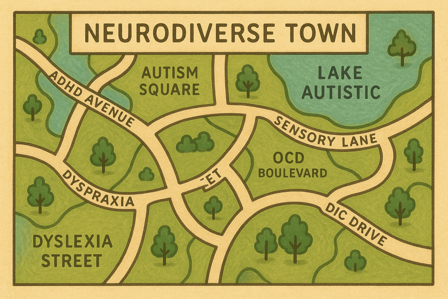 An AI Image of A map of a "Neurodiverse Town" showing roads labelled ADHD Avenue, Autism Square, Sensory Lane, and so on.