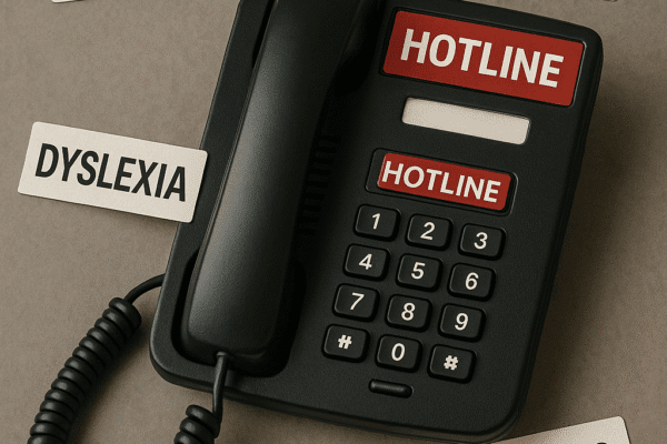 10 ND-Friendly AI Therapy & Support Apps An AI Image of a hotline telephone with Neurodiverse labels floating around it