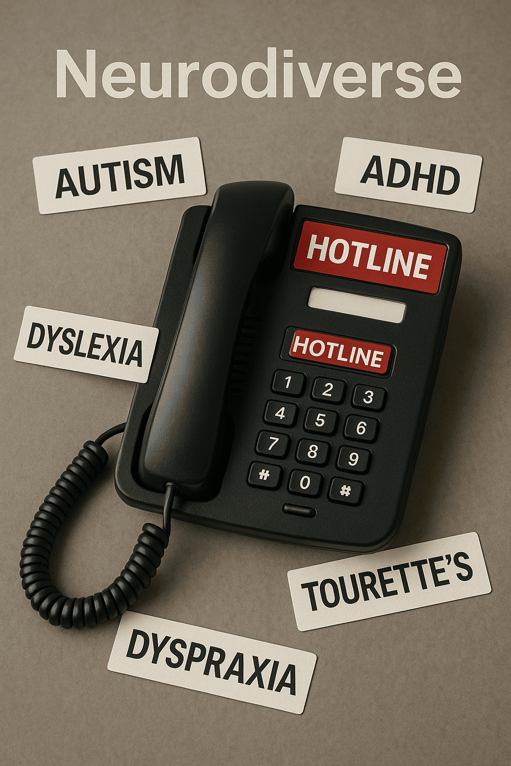 An AI Image of a hotline telephone with Neurodiverse labels floating around it