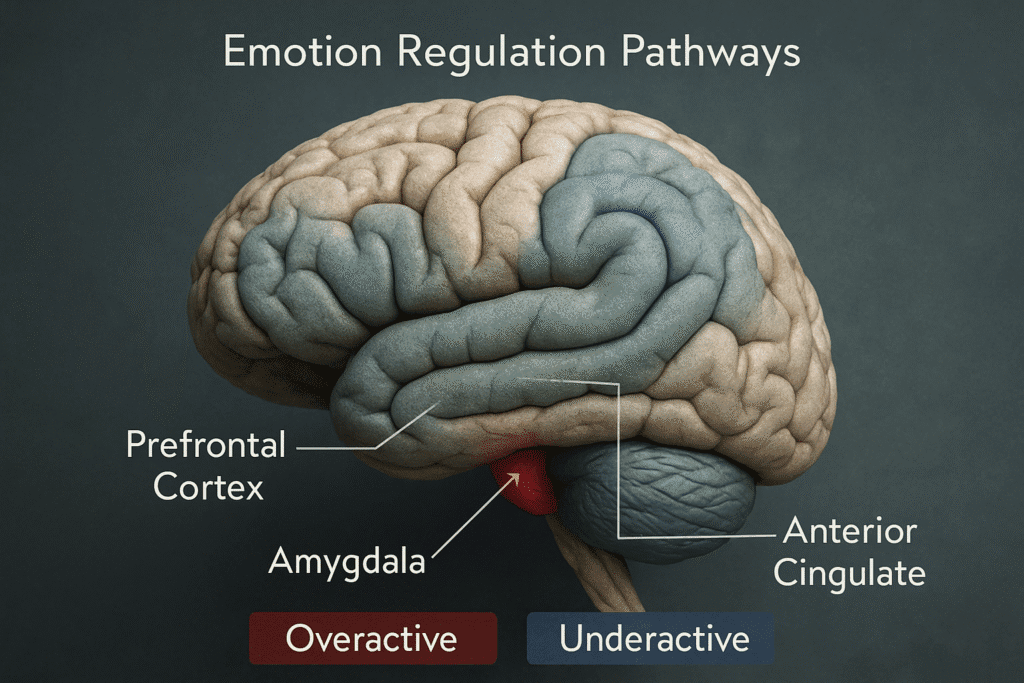 An AI Image of A brain diagram showing emotion regulation pathways, highlighting overactive and underactive regions.