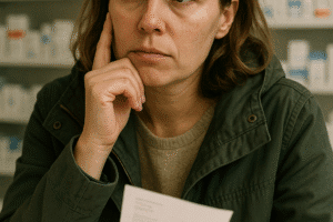 An AI Image A parent looking thoughtful at a pharmacy counter, prescription in hand.