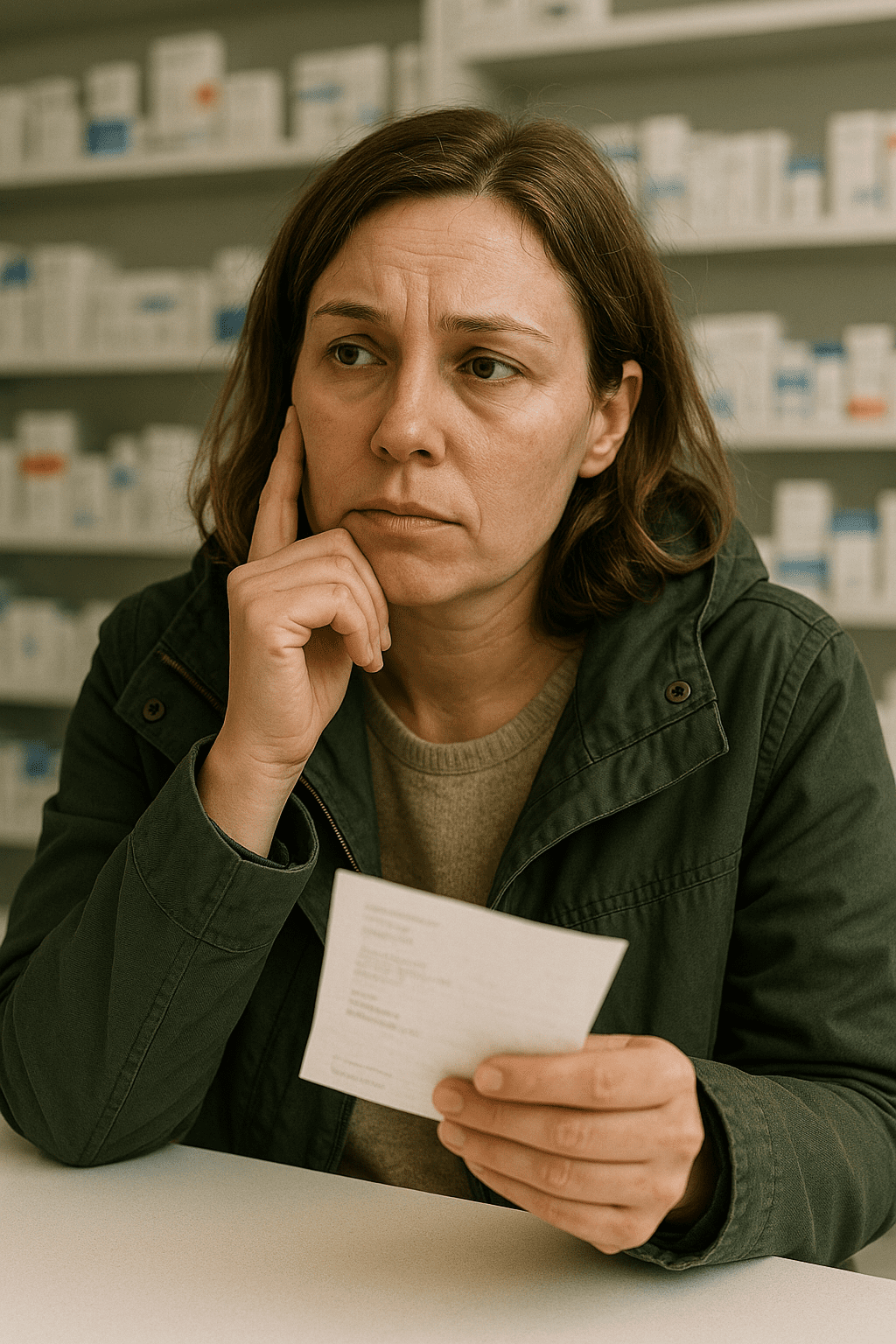 An AI Image A parent looking thoughtful at a pharmacy counter, prescription in hand.
