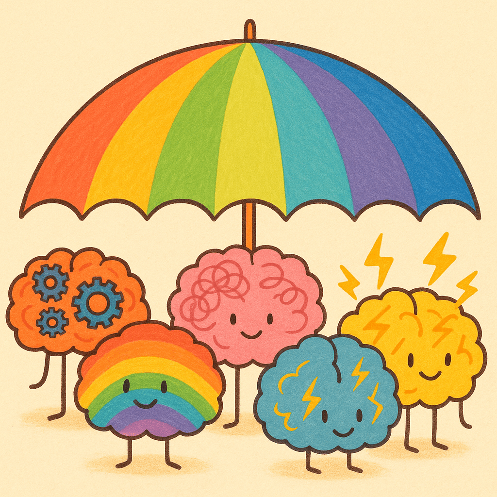 An AI Image o fA colourful canopy with diverse cartoon brains underneath, each styled differently (gears, rainbows, scribbles, lightning bolts).