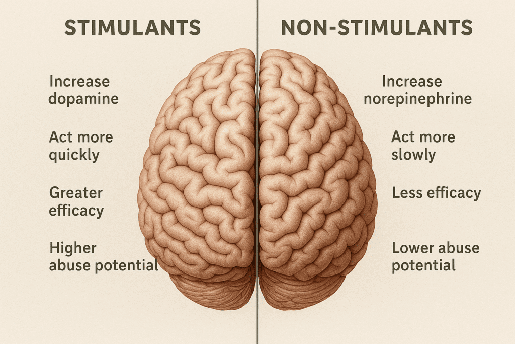 An AI Image Split image of a brain labelled with effects of stimulants vs non-stimulants.