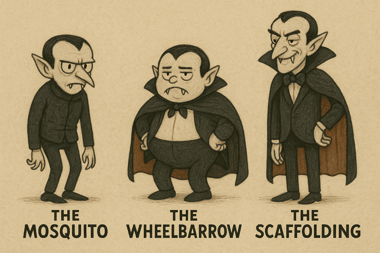 An AI Image of A line-up of cartoonish vampire characters, each with labels like “The Mosquito,” “The Wheelbarrow,” “The Scaffolding.”