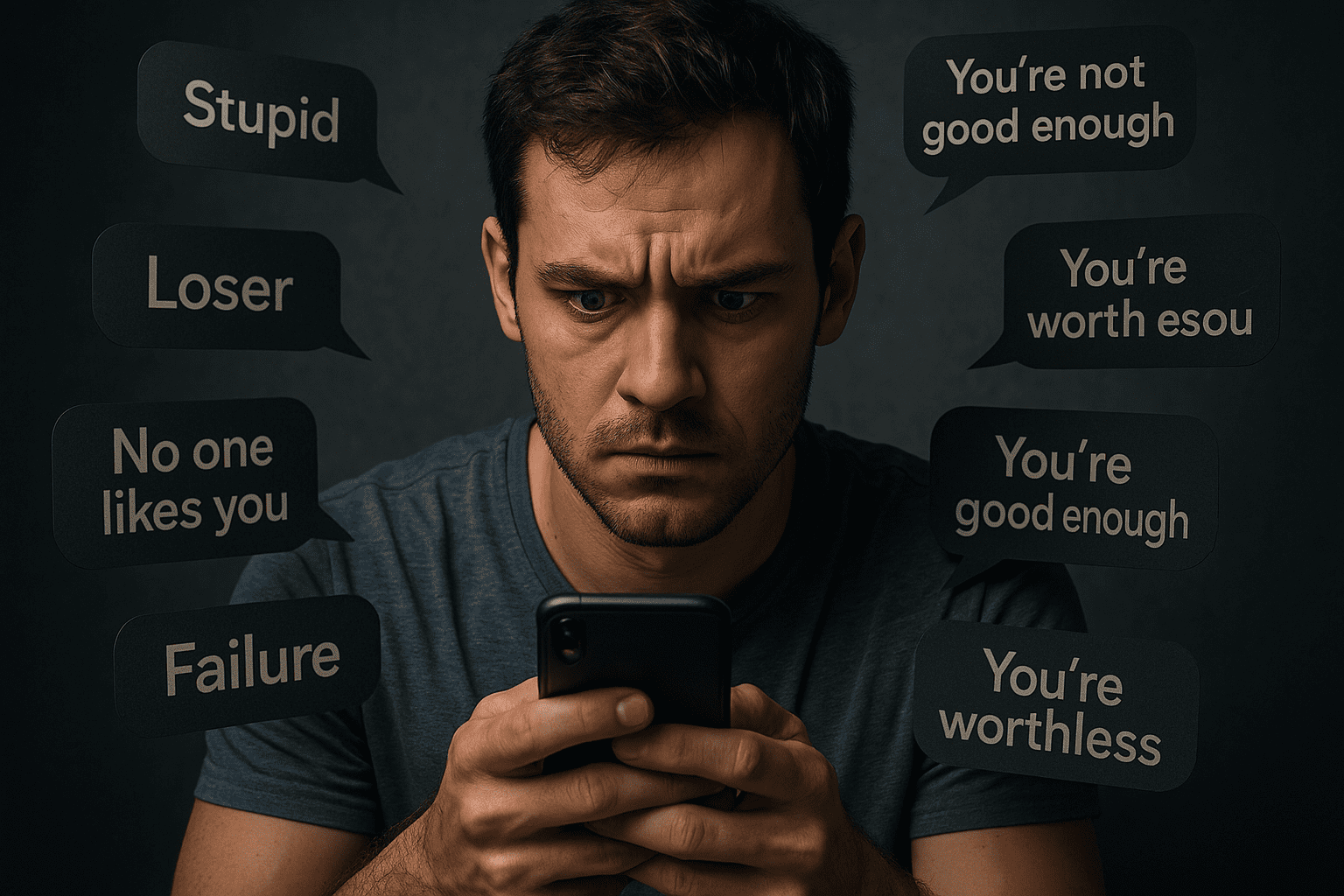An Ai Image of A man staring at his phone, looking tense, with imagined negative texts swirling around them.